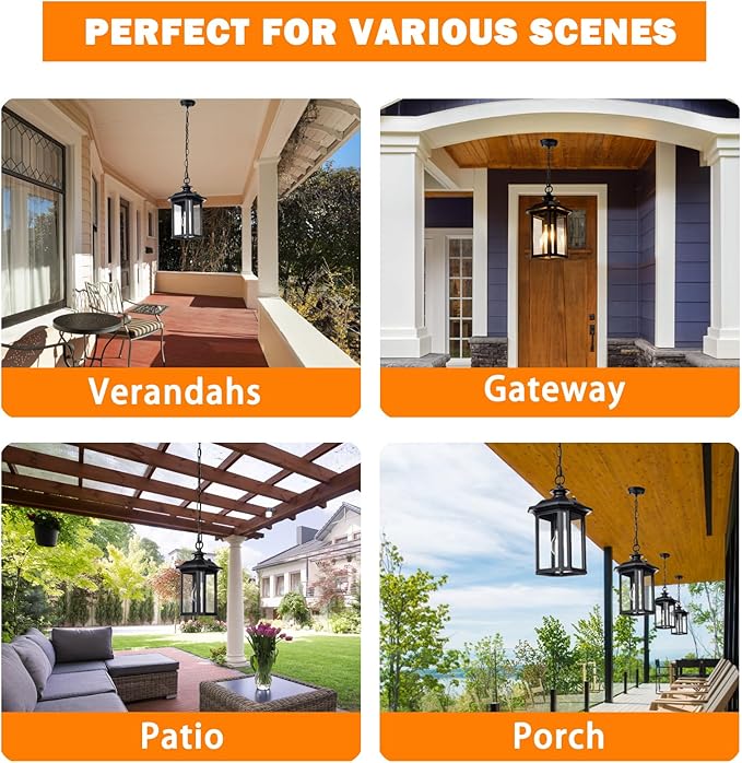 JYZ Dusk to Dawn Outdoor Pendant Lighting Exterior Hanging Lantern Light Fixture Classic Black Outdoor Chandelier Outside Ceiling Mount Hanging Lamp for Porch Hallway Foyer Patio Gazebo Pergola