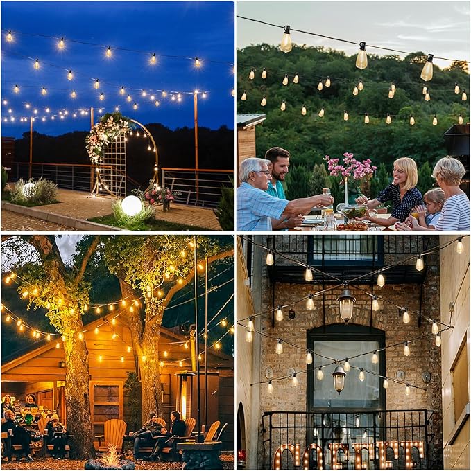 VUAA 150FT Solar Outdoor String Lights Waterproof Solar Powered Patio Lights with 52 Shatterproof ST38 Edison Bulbs &amp Remote ControlLED Dimmable Solar String Lights for Outside