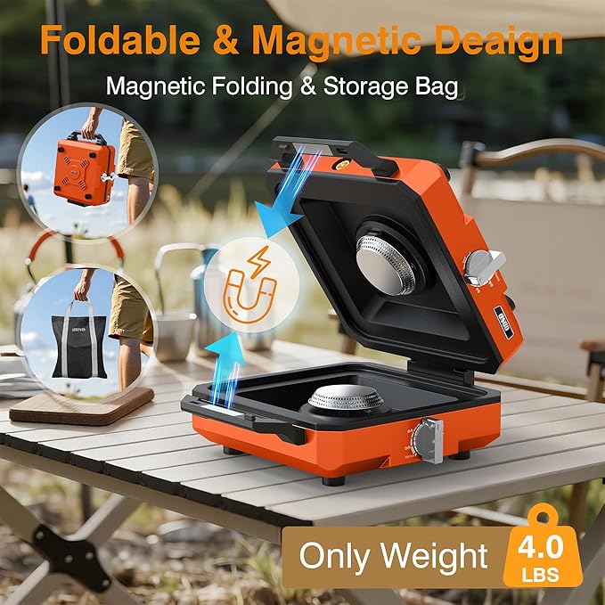 ODSD 2 Burner Camping Stove with Windshield 20000 BTU Propane Camp Stove Portable Folding Gas Stove Camping Essentials Gear Includes Frying Pan Coffee Stand &amp Carry Bag Orange