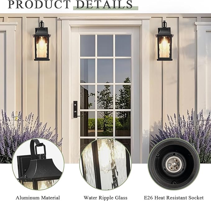 Outdoor Wall Light 13 Sconce with Water Pattern Glass Waterproof &amp Rustproof Exterior Lighting Weatherproof Front Porch Lightsfor House Garage Doorway Patio (1 Pack Black)