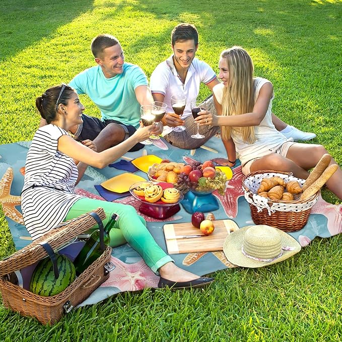 Waterproof Sandproof Beach Blanket 59''×68'' Starfish Polyester Outdoor Picnic Blanket with 4 Stakes &amp Storage Bag for BeachCampingVacation Red