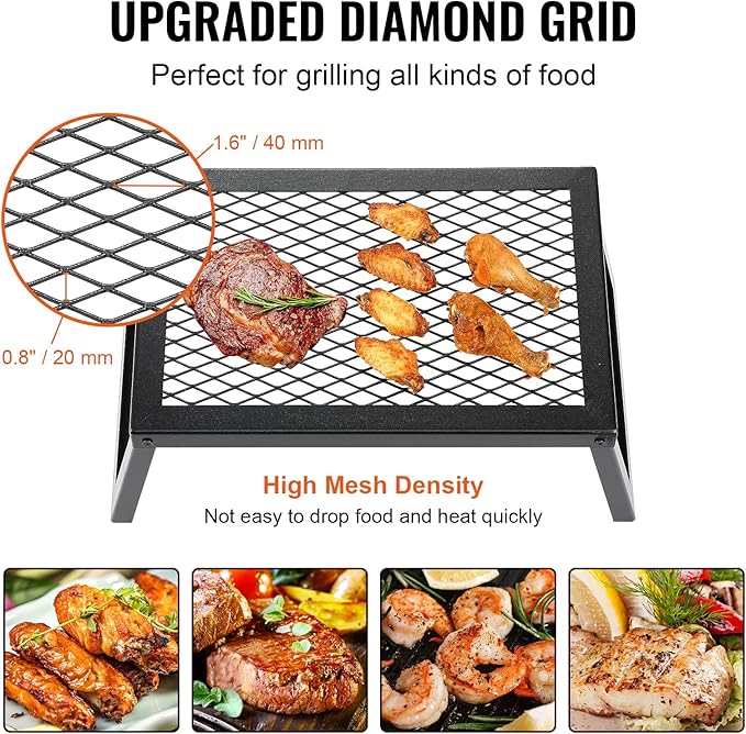 VEVOR Folding Campfire Grill 18 Portable Camping Grates Over Fire Pit Heavy Duty Steel Mesh Grate Camp Fire Cooking Equipment with Legs Carrying Bag Grilling Rack for Outdoor Open Flame Cooking