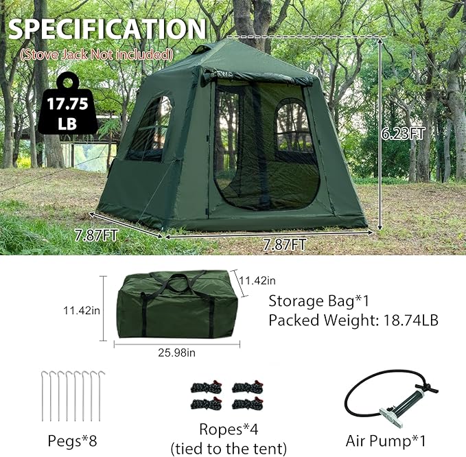 Inflatable Camping Tent with Hand Pump Waterproof Outdoor Blow up Tent 2-8 Person Oxford 4 Season Glamping Air Tent Cabin House with Mesh Windows &amp Door