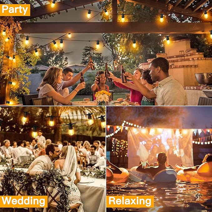 Ollny Outdoor String Lights 50 FT Waterproof Connectable Patio Lights with 15 Shatterproof Bulbs(2 Spare) Outside Hanging Light for Balcony Porch Yard Garden Backyard