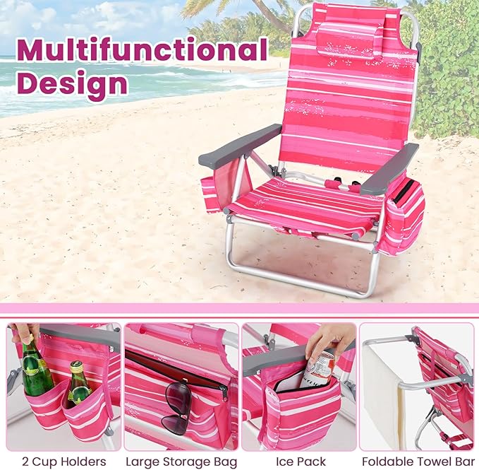 Backpack Beach Chair 5 Position Adjustable Camping Chairs with Aluminum Table Head Pillow Cooler Bag Cup Holders Folding Beach Chairs for Adults (with Table Pink Stripe)