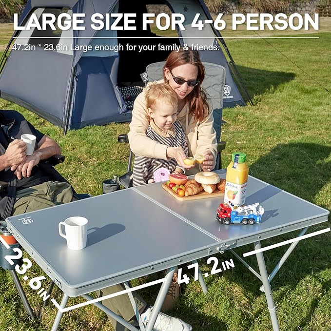 EVER ADVANCED Large Camping Table for 4-6 Person Portable Folding Aluminum Table with Carrying Handle Suitable for BBQ Picnic Camping and Indoor Use Support up to 130LBS Silver