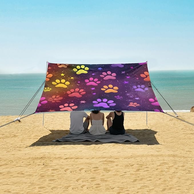 ALAZA Colorful Paw Print Stars Beach Tent Sun Shelter UPF50+ Protection Beach Shade Canopy w/ 4 Sandbags for Outdoor Camping Fishing Backyard Fun Picnic 10x9 ft
