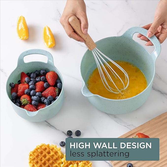 COOK WITH COLOR Nesting Plastic Mixing Bowl Set with Pour Spouts and Handles Speckled Mint 4 Piece Non-Slip