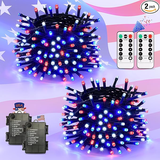 JMEXSUSS Red White and Blue Lights Outdoor Indoor 2 Pack 100 LED 4th of July String Lights Battery Operated Waterproof for Patriotic Decoration Outside House Garden Tree