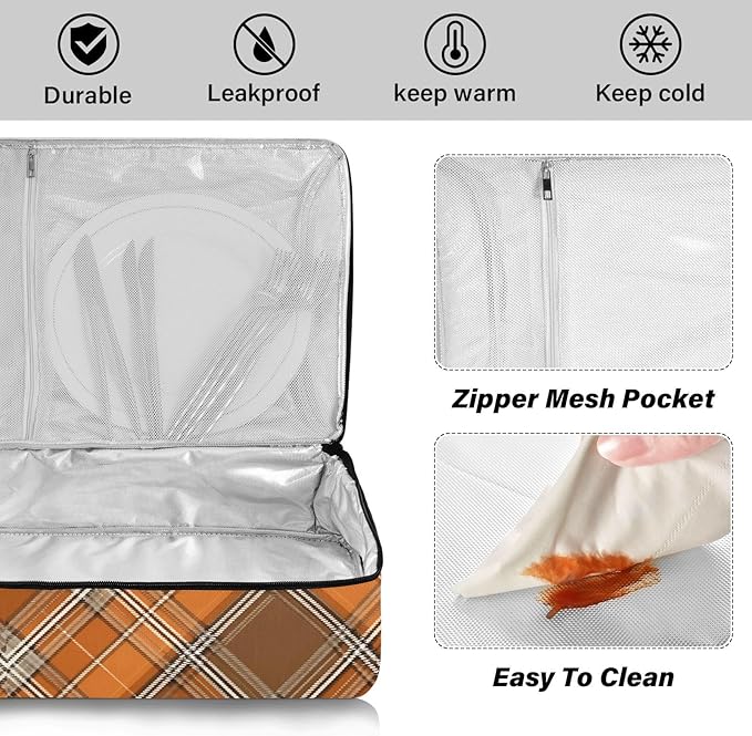 Casserole Carrier Orange and Brown Tartan Print Pattern Insulated Casserole Carrier for Hot or Cold Food Thermal Lunch Tote for Parties Picnic Travel Carry Bag