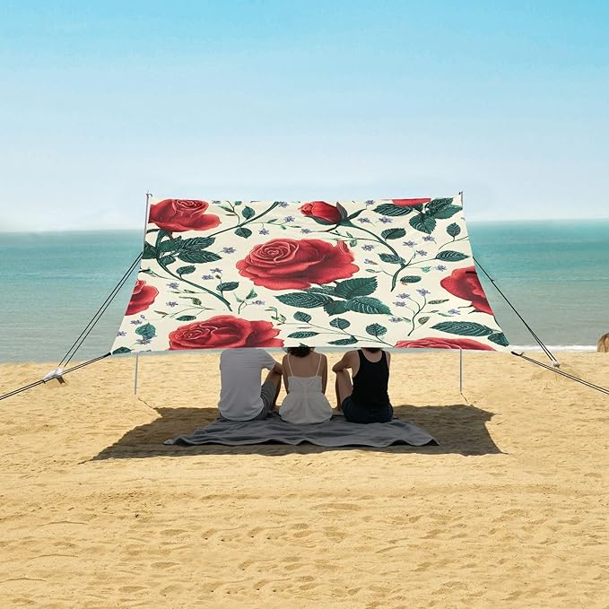 Bolaz Beach Canopy Tent Sun Shade9'×10.5' Large Family Beach Shade UPF50+- Outdoor Shade for Camping Trips FishingRed Rose Pattern