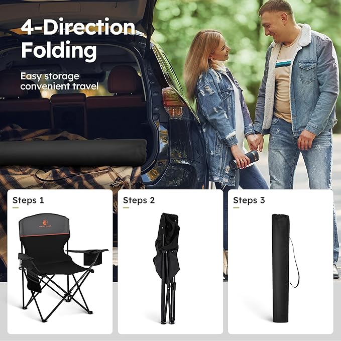 ALPHA CAMP Camping Chair 2 Pack Portable Chair with 3-Can Cooler Folding Chair with Side Pocket and Cup Holder Collapsible for Camping Tailgates Beach Fishing and Sports2PC
