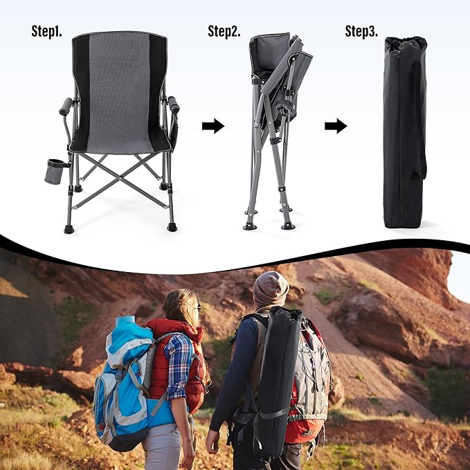 Lamberia Camping Chair for Adults Heavy Duty 330lbs Capacity Folding Chairs for Outdoor 600D Oxford Mesh High Back Camping Chairs with Arm Rest Cup Holder and Portable Carrying Bag(Light Grey)