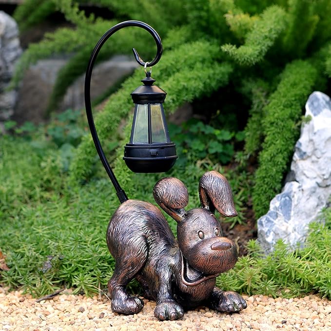 Laughing Dog Figurine with Solar-Powered LED Light 15.9 Inch Tall Antique Bronze Perfect for Gift Garden Decor or Housewarming for Dog Lovers