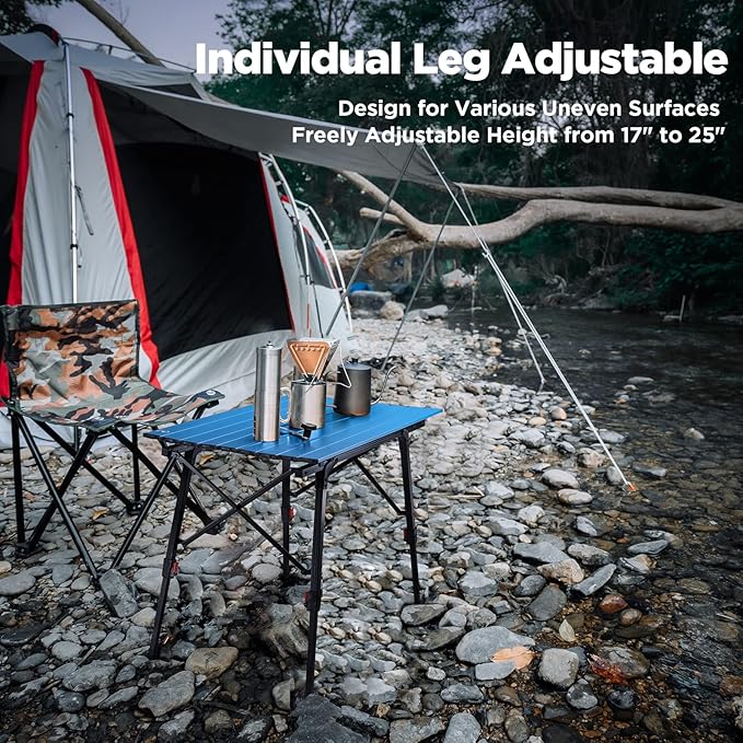 VILLEY Portable Camping Table with Adjustable Legs Lightweight Aluminum Folding Beach Table with Carrying Bag for Outdoor Cooking Picnic Beach Backyards BBQ and Party