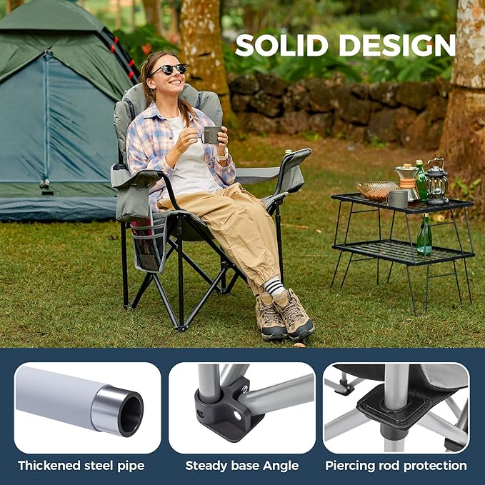 KingCamp Oversized Camping Folding Chair with Lumbar Support Heavy Duty Ergonomic Padded Arm Chair with Cooler Bag Cup Holder Portable for Outdoor