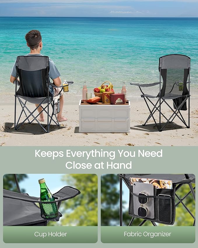 SONGMICS Breathable Camping Chairs Foldable Outdoor Chairs Set of 2 High Back Adjustable Armrests Drink Holder Weight Capacity 330 lb for Sports Garden Backyard Slate Gray UGCB028G01
