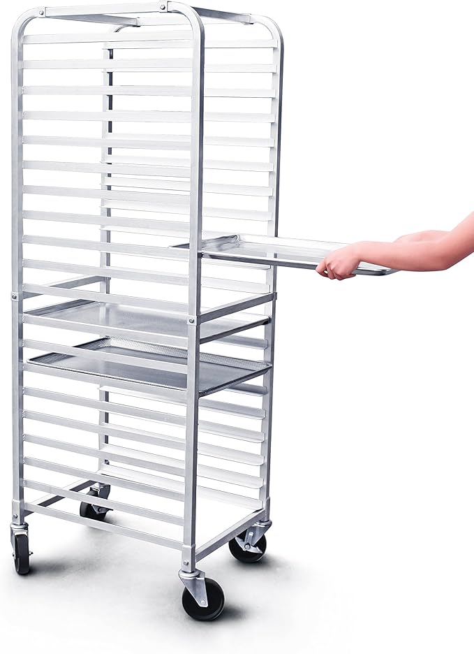 New Star Foodservice 36527 Commercial-Grade Aluminum 20-Tier Sheet Pan/Bun Pan Rack 26 L x 20 W x 69 H with Brake Wheels Silver