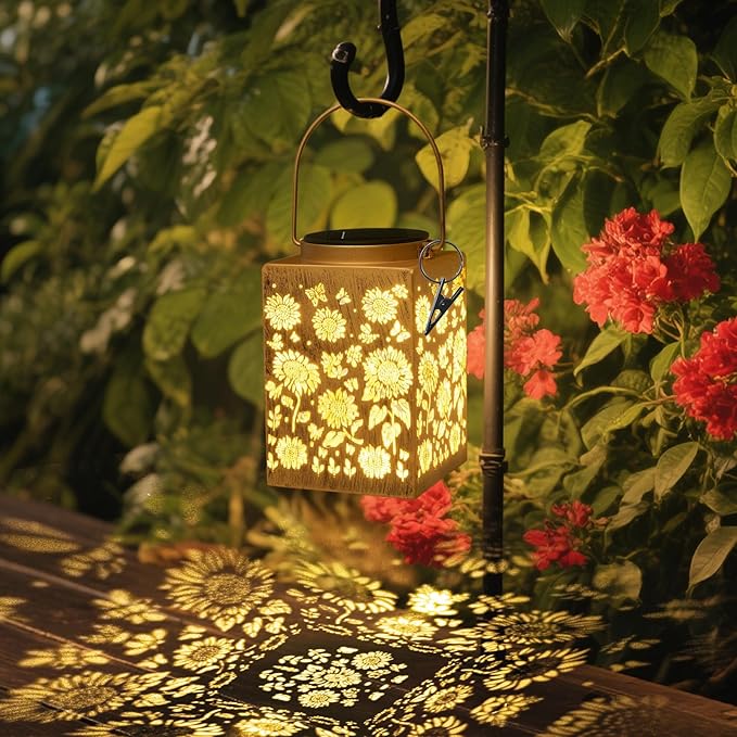 2 Pack Solar Lanterns - Waterproof Metal Hanging Solar Lights Outdoor Decorative Solar Powered LED Lamp for Patio Tabletop Porch Deck Yard Garden Decor for Outside (Sunflower)