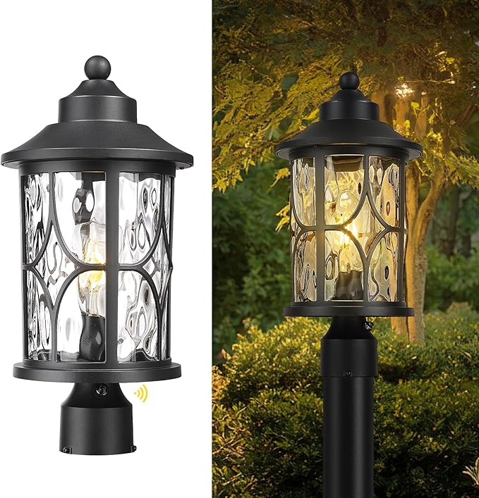 zeyu Pillar Light Outdoor 16.9 Inch Dusk to Dawn Outdoor Light Fixture Post with Photocell Sensor Exterior Post Lamp with Water Ripple Glass ZX48MP PC WG BK