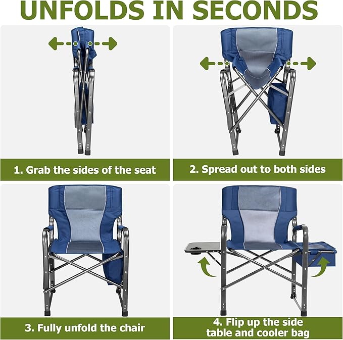 Camping Directors Chairs for Adults Heavy Duty with Table and Cooler Bag Oversized Portable Folding Chair for Beach Fishing Trip Picnic(Breathable Comfort Cushion Blue)