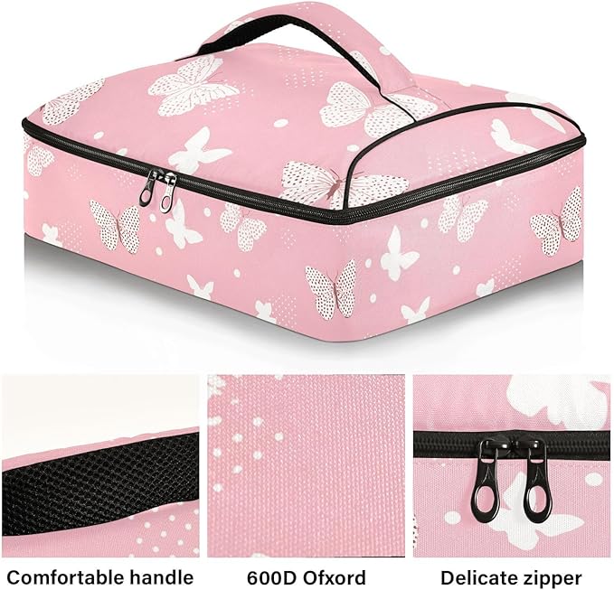 Casserole Carrier Beautiful Pink Pattern ButterfliesInsulated Casserole Carrier for Hot or Cold Food Thermal Lunch Tote for Potluck Parties Picnic Beach Fits 9 x 13 Inches Baking Dish