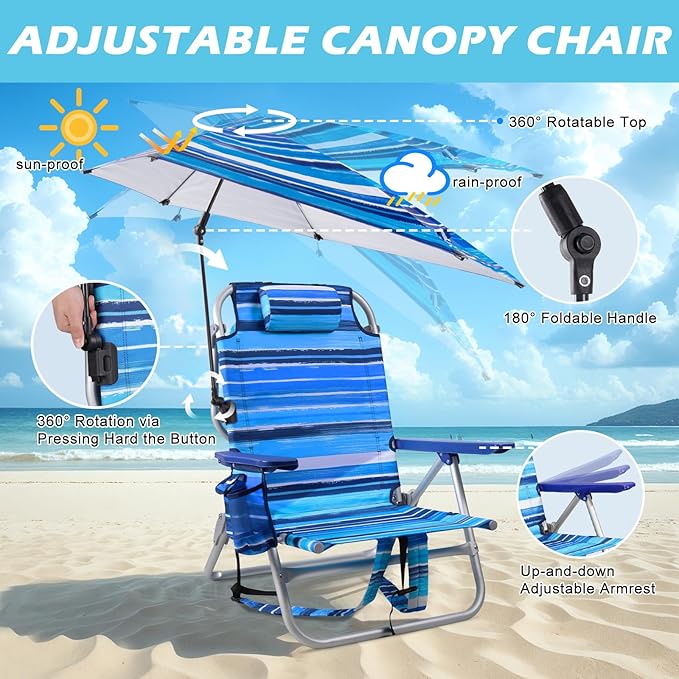 Beach Chair Backpack Chairs for Adults with Adjustable Umbrella Folding Beach Chairs with Storage Pouch Cup Holder &amp Towel Rack Adjustable Lounge Chair for Seaside Blue Strap