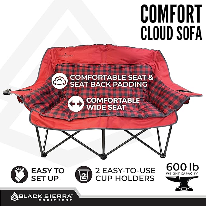 Black Sierra Double Camping Chair for Adults Oversized Folding Loveseat Supports 600 lbs Plush Padded Outdoor Couch with Cup Holders and Carry Bag for Beach Patio RV or Tailgating Events