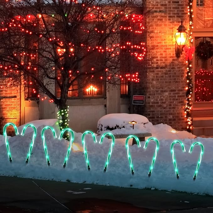GAGALIFE Candy Cane Lights - 10 Pack Candy Cane Pathway Lights 10 Christmas Candy Cane Lights Green Outdoor Candy Cane Christmas Decor for Walkway Driveway Sidewalk Stake Lights Markers