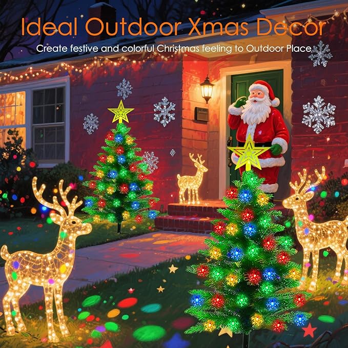 2 Pack 3.6Ft Solar Christmas Tree with 100 Snowflake Lights Waterproof Christmas Decorations Outdoor Solar Christmas Lights Outdoor Xmas Tree for Yard Pathway Porch Cemetery Holiday Decor