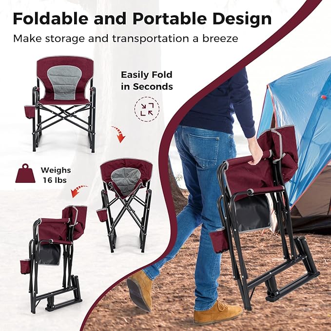Goplus Outdoor Rocker Camping Chairs for Adults Portable Folding Chair w/Dual Springs Padded Back Cup Holder Storage Pocket Heavy-Duty Rocking Arm Chair for Beach Lawn Travel Fishing(2Wine)