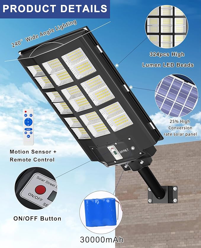JAYNLT Y-3600W Solar Street Lights Outdoor360000LM 6500K Parking Lot Lights Commercial Waterproof Dusk to Dawn Solar Security Flood Lamps Motion Sensor for DrivewayBasketball Court