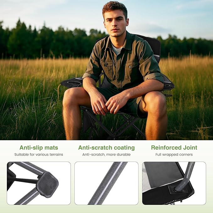 LET'S CAMP Mesh Back Camping Chair Portable Folding Heavy Duty Outdoor Chair Support 330 LBS Durable Large Arm Chair with Cup Holder and Carry Bag for Camp Fishing Hiking Black