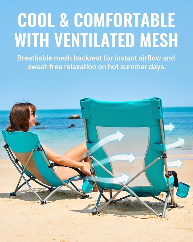 KingCamp Low Beach Chair High Back Folding Camping Chair for Adults Oversized Breathable Mesh Seat 300lbs Heavy Duty Portable Chair with Cup Holder &amp Storage Pockets for Beach Outdoor