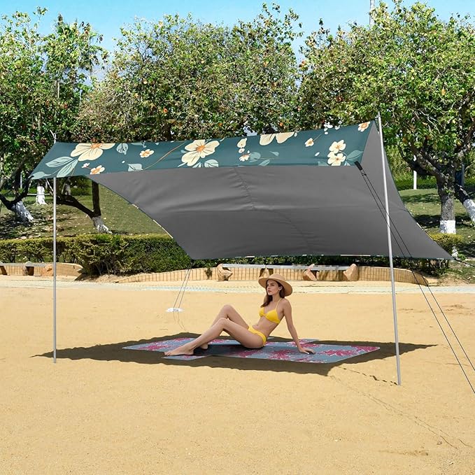 Teal Floral Pattern Beach Tent Sun Shelter 9.2' x 10.5' Beach Canopy with 4 Sandbags 4 Stability Poles Sand Shovels - Tent Canopy for Beach Camping Fishing Picnics