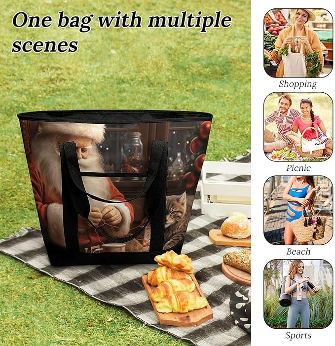 Insulated Shopping BagLarge Reusable Cooler Bags Christmas Santa Claus Sewing Tree Cat Printed Foldable Shopping BagTravel Waterproof Shoulder Bag