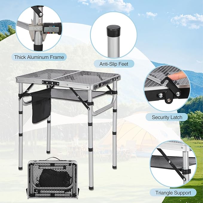 RedSwing Folding Grill Table Lightweight Height Adjustable Aluminum Table with Mesh Desktop and Mesh Bag for Outdoor Camping Picnic BBQ 2 Feet Sliver