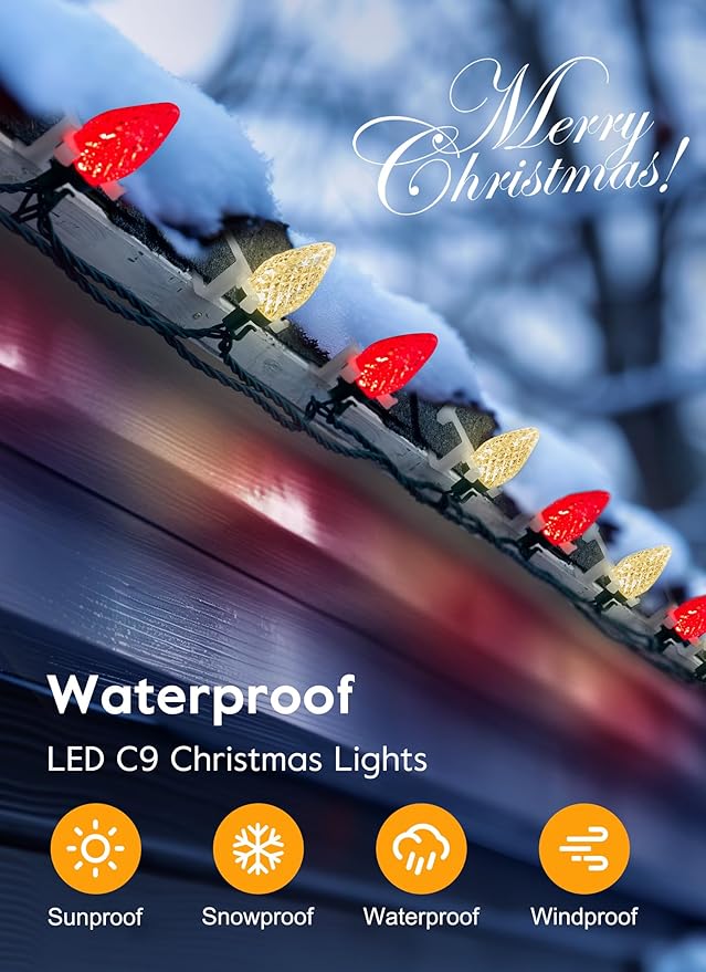 C9 LED Christmas Lights Outdoor 68 Ft 100 LED C9 String Lights with 100 All in One Clips Connectable Waterproof Christmas Tree Lights for Outside Roofline Backyard Garden Decor Red &amp Warm White