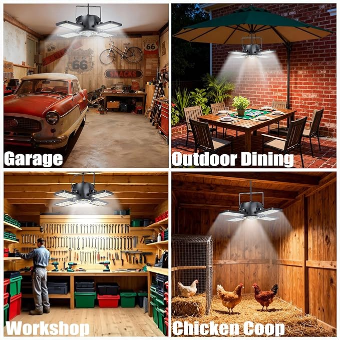 Solar Shed Light Outdoor Indoor Upgrade 1200LM 174LED 4 and 1 Heads Motion Sensor Pendant Light Daytime Work Light with 5 Lighting Modes Remote Control IP65 Waterproof for Barn Gazebo Shop 2 Pack