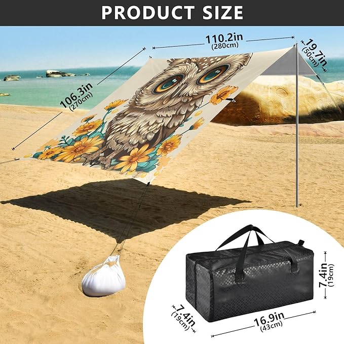 ALAZA Cute Owl Flowers Beach Tent Sun Shelter UPF50+ Protection Beach Shade Canopy w/ 4 Sandbags for Outdoor Camping Fishing Backyard Fun Picnic 10x9 ft