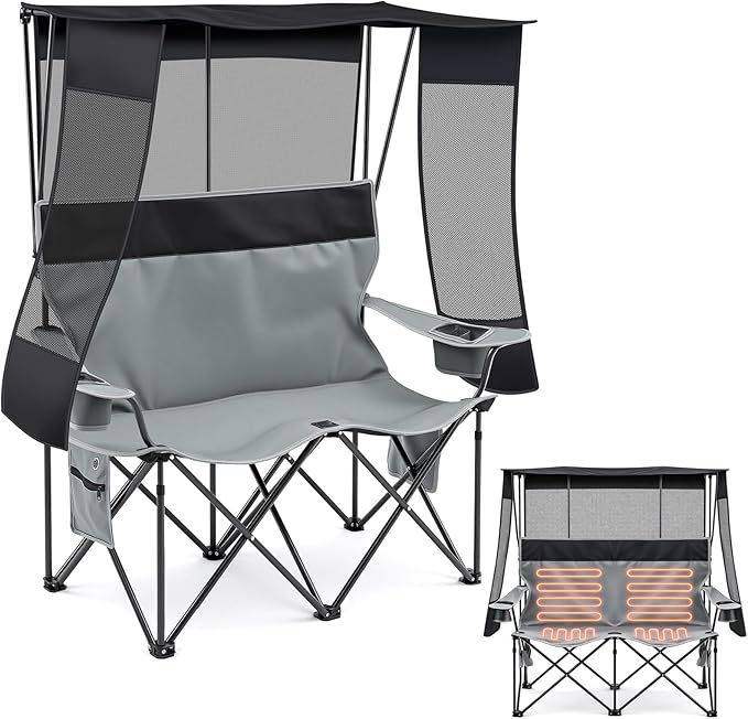 Double Camping Chair with Canopy Shade 660lbs Folding Beach Loveseat with Padded Seat and Cup Holders 4-Zone Heated Outdoor Chair for Beach Camp Use 5v/3a Power Bank(Black and Grey)