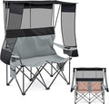 Double Camping Chair with Canopy Shade 660lbs Folding Beach Loveseat with Padded Seat and Cup Holders 4-Zone Heated Outdoor Chair for Beach Camp Use 5v/3a Power Bank(Black and Grey)