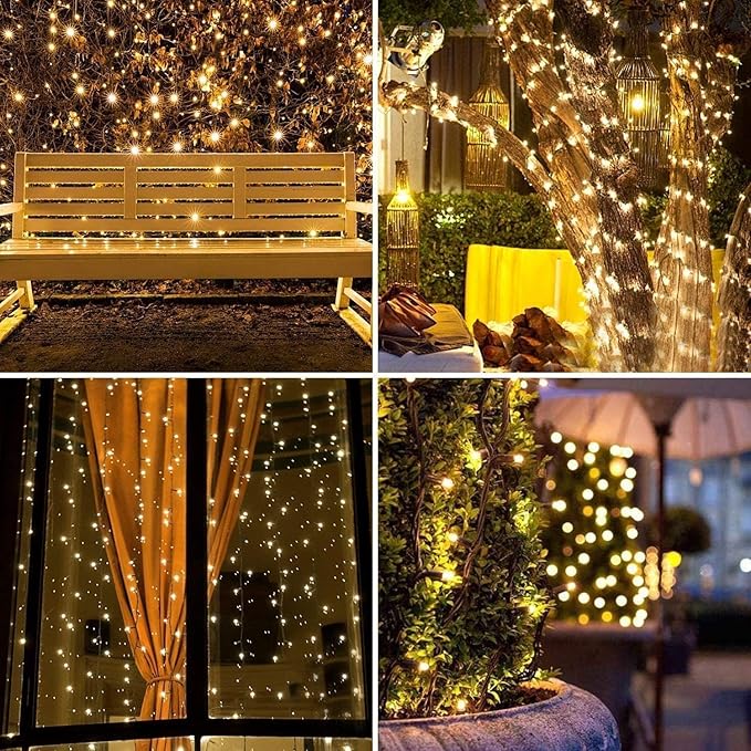 Quntis Battery Powered String Lights Outdoor 132FT 300 LED Indoor Christmas Tree Lights Waterproof with 8 Modes and Timer for Halloween Patio Balcony Garden Warm White