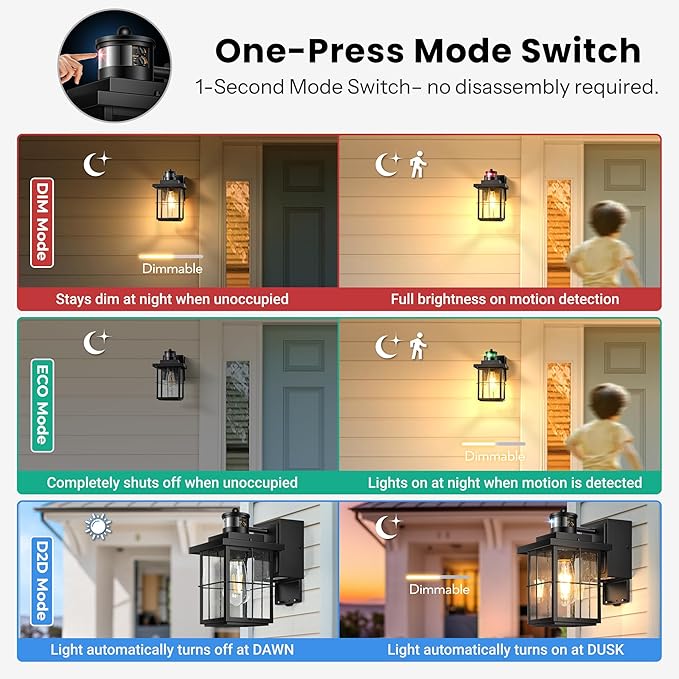 Gleamz Motion Sensor Outdoor Wall Light Black Porch Light with GFCI Outlet Waterproof Outdoor Light Fixture with Outlet Front Door Light with Seeded Glass Exterior Wall Lantern for Garage Patio
