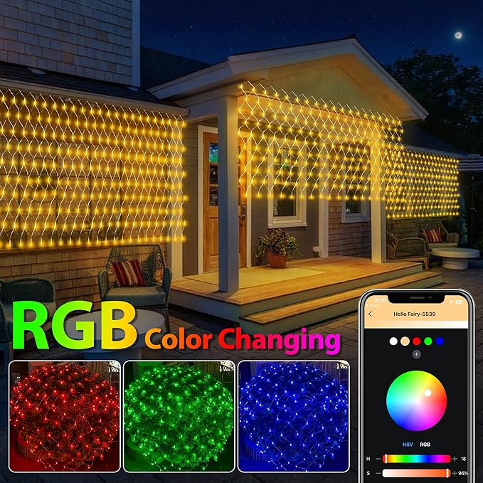 4ft x 18ft Smart Christmas Net Lights Outdoor Mesh Lights 300 LEDs Bluetooth App Prpgrammable 105+ Scene Modes Music Sync IP44 Waterproof Timer RGB Bush Light for Tree Fence Holiday Decorations