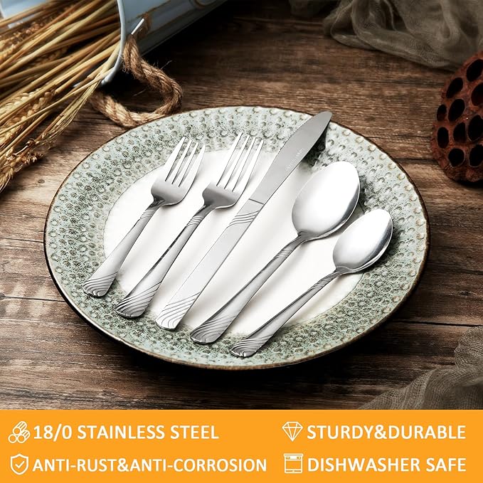 48pcs Silverware set Stainless Steel Tableware Set service for 8 Durable Modern Flatware Set Perfect for Weddings Birthday Parties &amp Everyday Use Holiday Gifts Dishwasher safe (Silver)