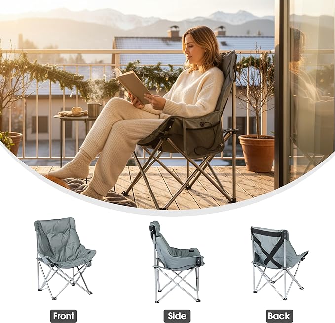 SunSettler Heated Camping Chair Oversized Heated Outdoor Chairs for Adults with 3 Heat Levels Portable Folding Padded Chair for Camp Lawn Sports (Battery NOT Included) (Grey Small)