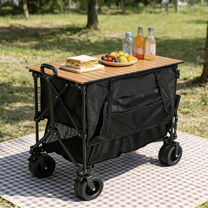 Folding Camping Wagon Table Accessory | 200LB Capacity Universal Fit for 40-50 Utility Carts | Instant Setup Portable Camp Table for Outdoor Picnics &amp Tailgating