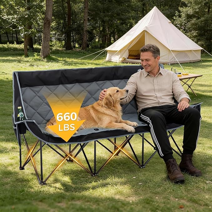 3 Person Camping Chair Oversized Padded Loveseat Camping Chairs Heavy Duty Folding Outdoor Couch with Cup Holder &amp Phone Side Pocket Extra Wide Outdoor Loveseat for Camping Tailgating Lawn Black