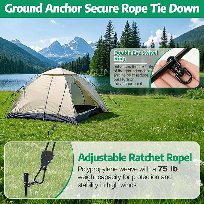 8 Pack Screw-in Tent Stakes 17.7 Heavy Duty Spiral Ground Anchors (8mm Solid Steel 1.5 Helix) w/ 8×8ft Ratchet Guy Lines M12 Wrench &amp Bag for Camping Tents Canopies Tarps Beach Sand